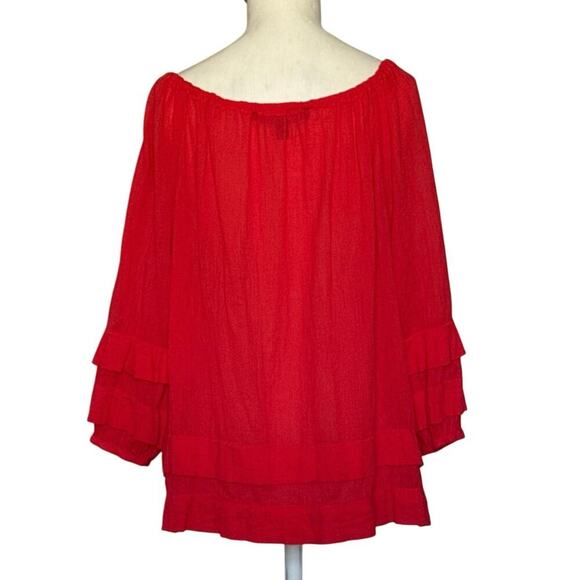 Lauren Ralph Lauren Black Label Red Ruffle Trim Crinkle Cotton Top Womens Size S - Picture 3 of 11